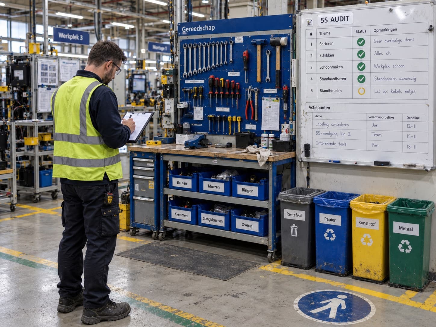 Een medewerker vult een 5S-checklist in bij een werkbank met gereedschapsbord en afvalbakken