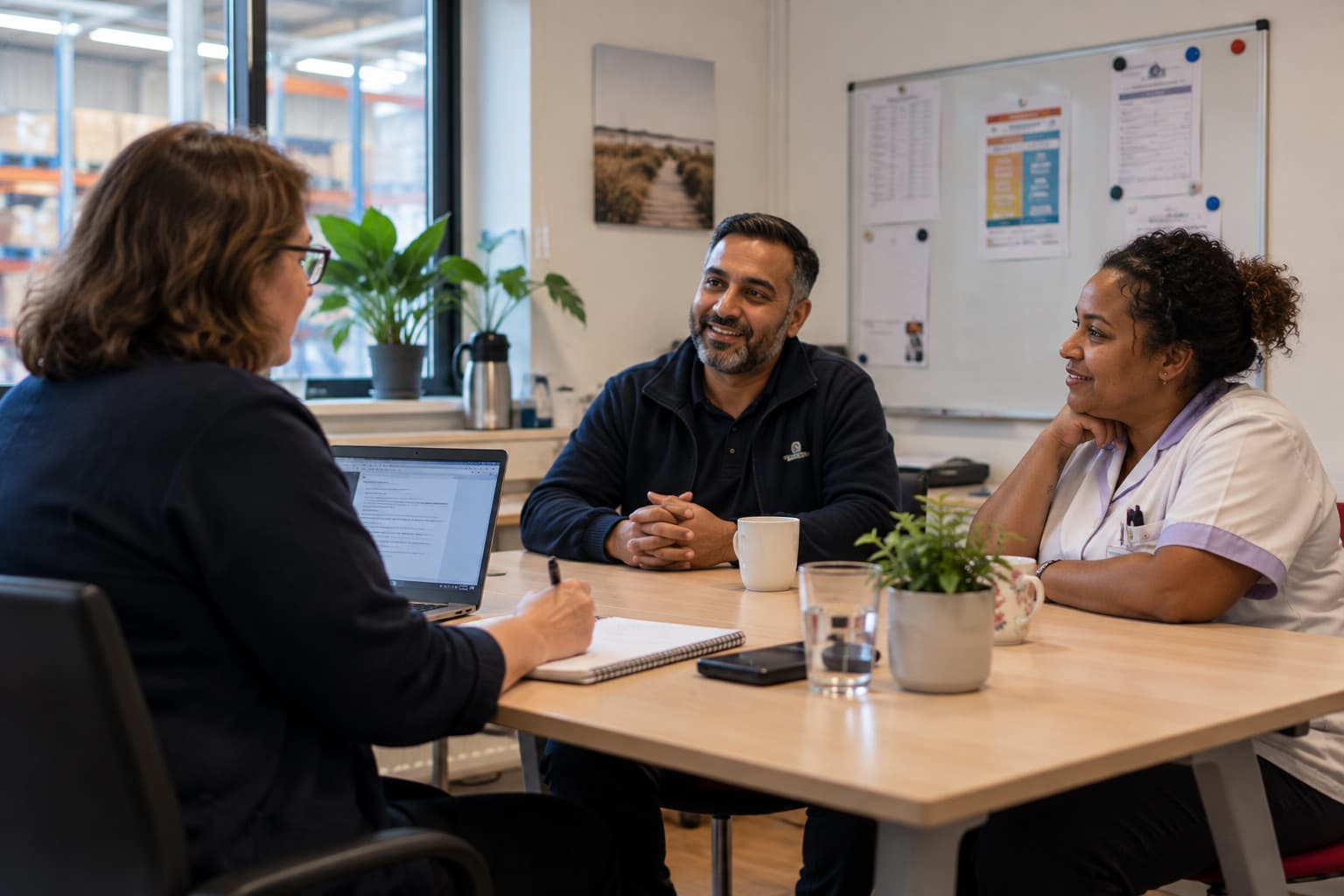 Een auditor maakt aantekeningen tijdens een gesprek aan tafel met twee medewerkers